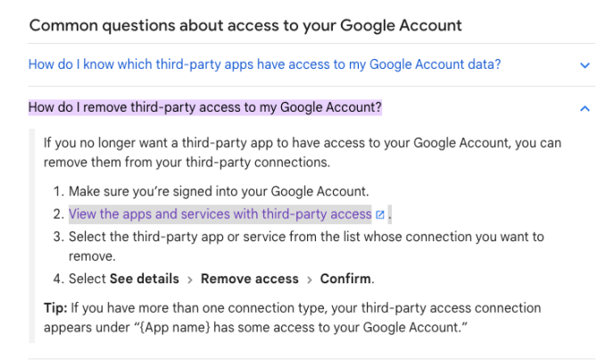 a screenshot showing a Google help page describing common questions about account access.