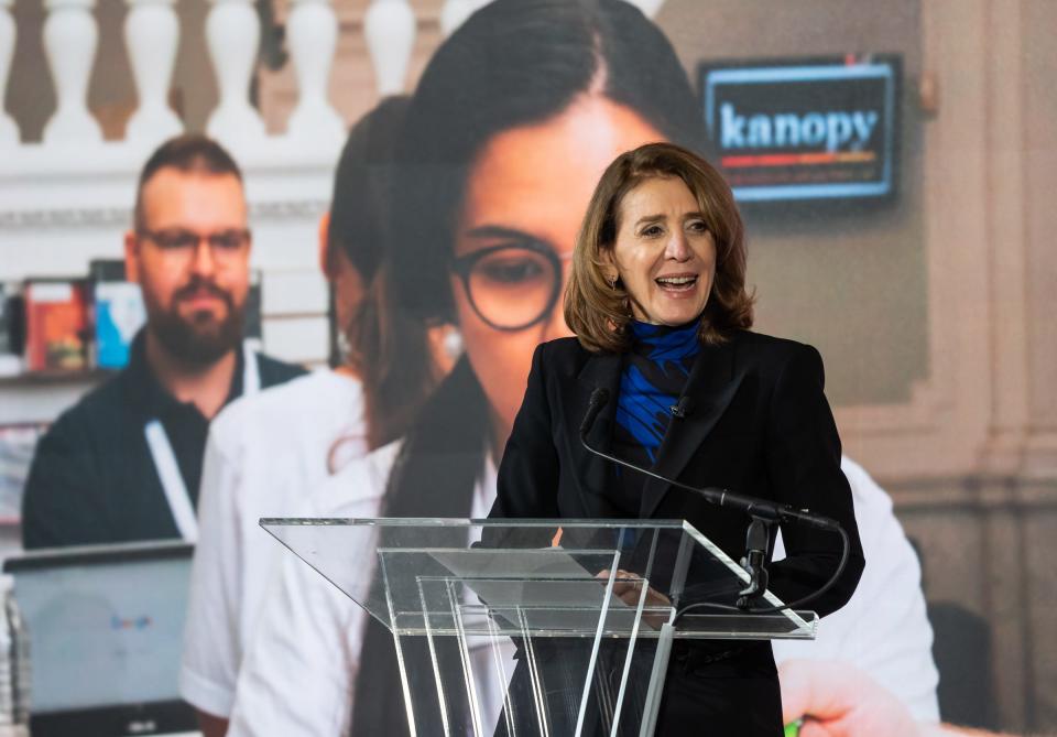 Google and Alphabet CFO Ruth Porat speaks during a presentation about the progress in the district and the building at Michigan Central Station in Detroit on Feb. 4, 2022.