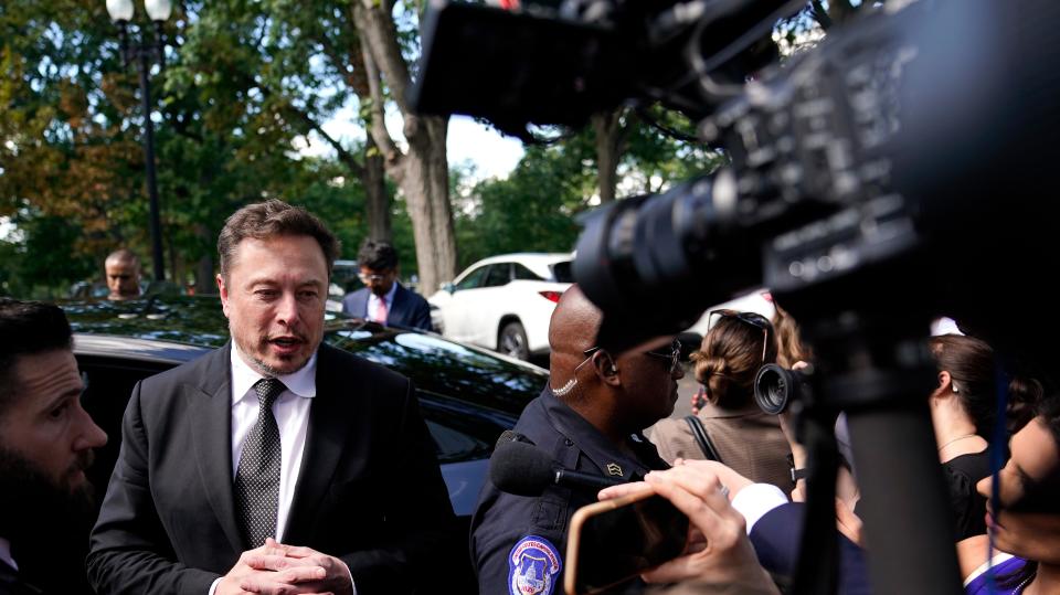 WASHINGTON, DC - SEPTEMBER 13: Elon Musk, CEO of Tesla and X, speaks to reporters as he leaves the “AI Insight Forum” at the Russell Senate Office Building on Capitol Hill on September 13, 2023 in Washington, DC. Lawmakers are seeking input from business leaders in the artificial intelligence sector, and some of their most ardent opponents, for writing legislation governing the rapidly evolving technology. 
