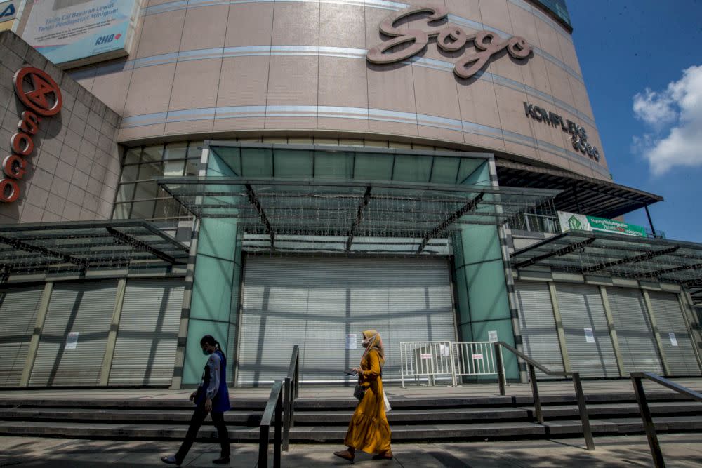 A general view outside Sogo complex during the three-day closure rule for premises flagged as potential hotspots under the government’s Hotspot Identification for Dynamic Engagement system in Kuala Lumpur, May 9, 2021. — Picture by Firdaus Lati