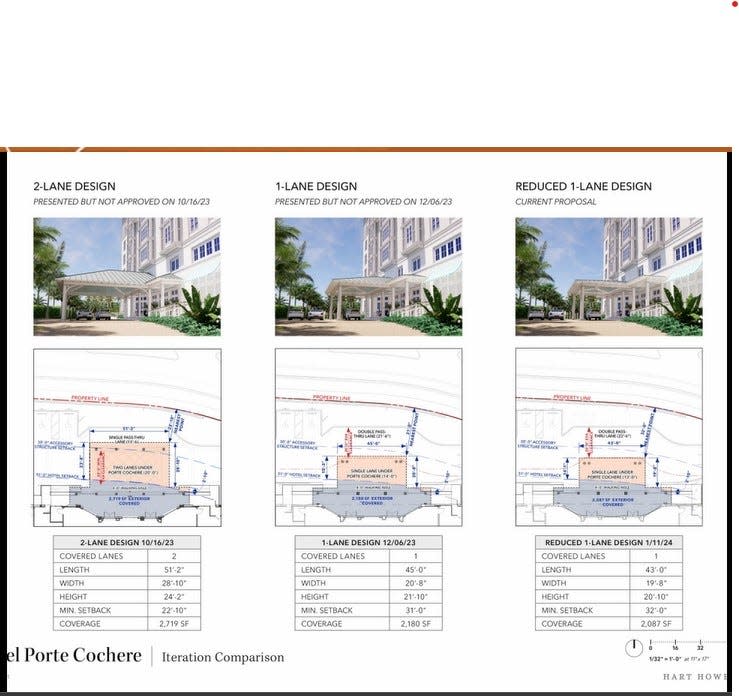 Architecture firm Hart Howerton presented these three designs for a porte-cochere for Four Season's Naples Beach Club during the past three months.