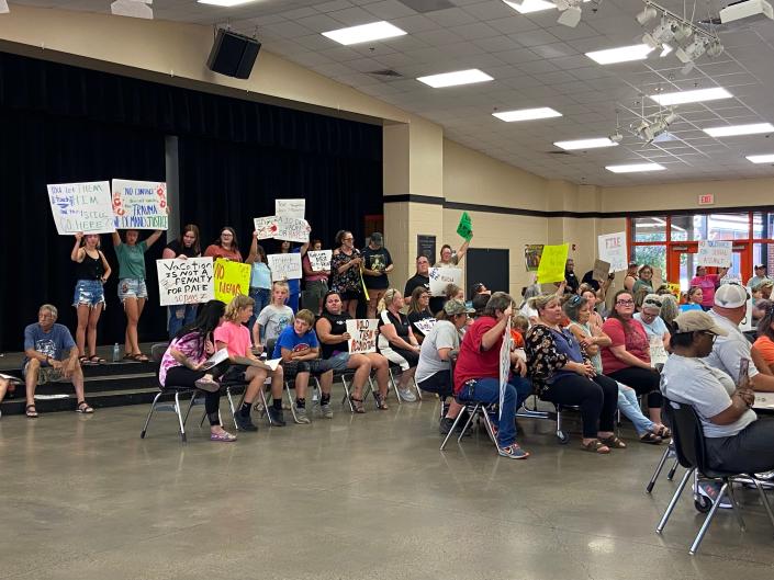 At least 40 protestors attend the Lamar school board meeting on Monday, July 11 after their Title IX investigator reached a decision of a 10-day suspension and No Contact Order for students responsible for sexual assault and harassment.