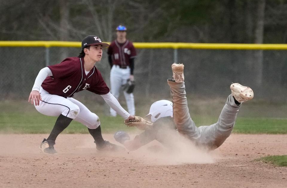 East Greenwich infielder Donovan Martin tags Chariho base runner Gavin Apice, who was diving back to second after an attempted pickoff in the fifth inning on Wednesday.