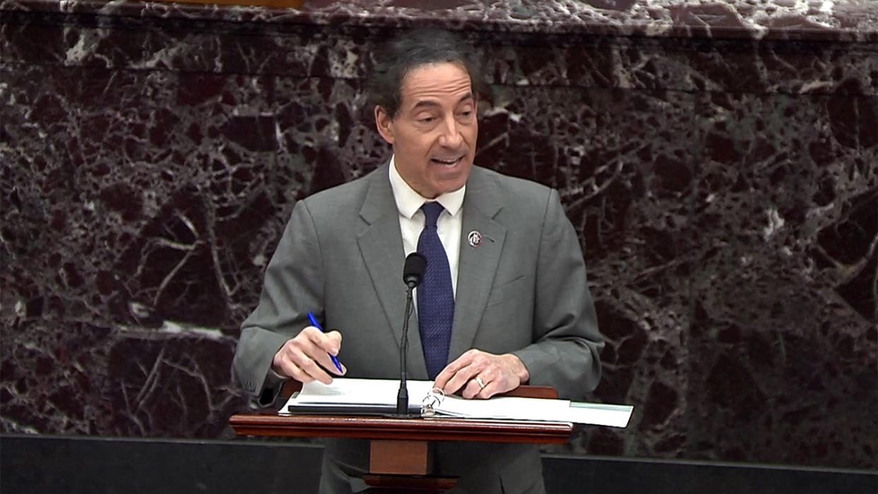 U.S. House lead impeachment manager Rep. Jamie Raskin (D-MD) addresses the U.S. Senate with the impeachment managers’ opening argument in the impeachment trial of former President Donald Trump, on charges of inciting the deadly attack on the U.S. Capitol, on the floor of the Senate chamber on Capitol Hill in Washington, U.S., February 10, 2021. (U.S. Senate TV/Handout via Reuters)