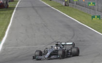 Mercedes driver Lewis Hamilton of Britain steers his car during the qualifying session at the Monza racetrack, in Monza, Italy, Saturday, Sept. 7, 2019. The Formula one race will be held on Sunday. (AP Photo/Luca Bruno)