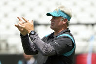 Jacksonville Jaguars head coach Doug Pederson directs practice during an NFL football rookie camp, Friday, May 12, 2023, in Jacksonville, Fla. (AP Photo/John Raoux)