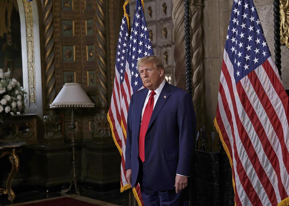  former President Donald Trump speaks in the library at Mar-a-Lago 