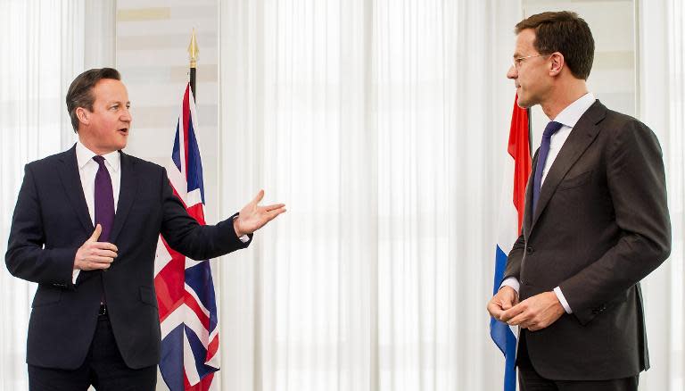 Netherlands' Prime Minister Mark Rutte (R) speaks with British Prime Minister David Cameron prior to a meeting at his official residence in The Hague, on May 28, 2015