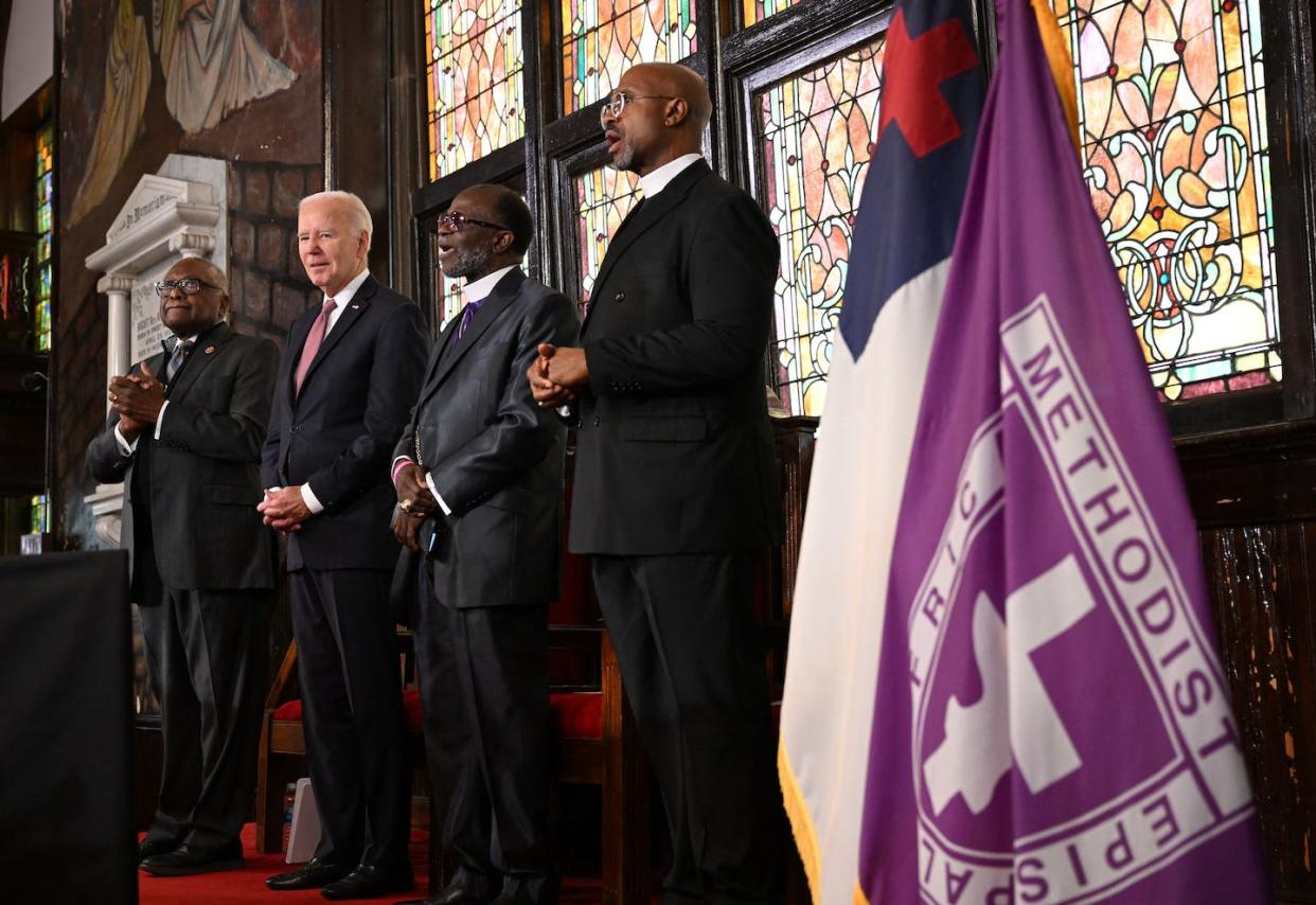 President Joe Biden at Mother Emanuel AME Church in South Carolina on Jan. 8, 2024. <a href="https://www.gettyimages.com/detail/news-photo/president-joe-biden-waits-to-speak-next-to-south-carolina-news-photo/1910415169?adppopup=true" rel="nofollow noopener" target="_blank" data-ylk="slk:Mandel Ngan/AFP via Getty Images;elm:context_link;itc:0;sec:content-canvas" class="link ">Mandel Ngan/AFP via Getty Images</a>