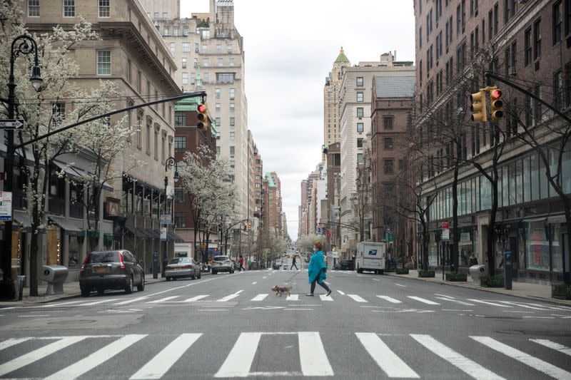 Foto del martes de una mujer paseando un perro en una casi desierta Madison Avenue en Nueva York