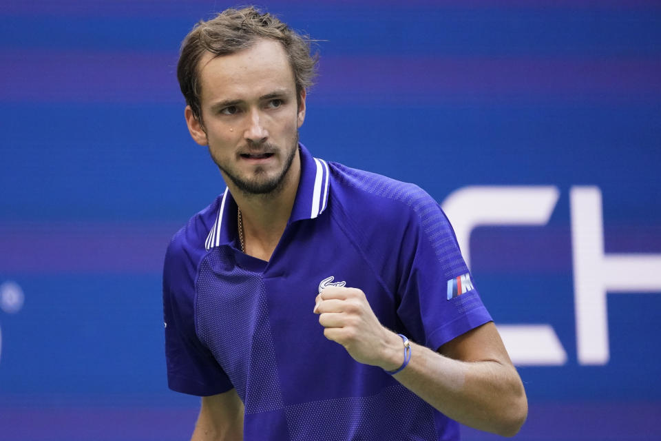 Daniil Medvedev, of Russia, reacts after scoring a point against Felix Auger-Aliassime, of Canada, during the semifinals of the US Open tennis championships, Friday, Sept. 10, 2021, in New York. (AP Photo/John Minchillo)