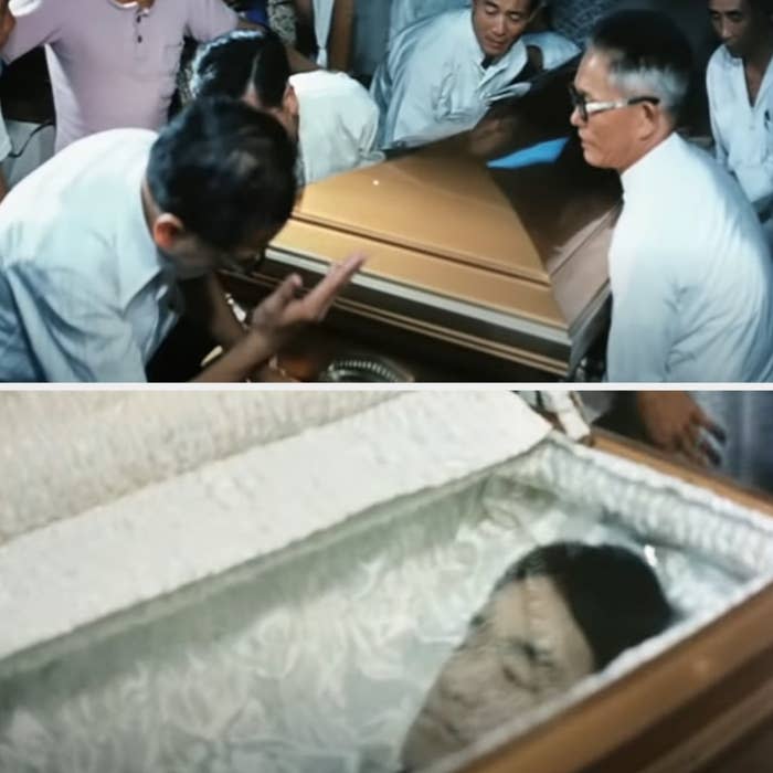 Closeup of Bruce Lee's coffin and body