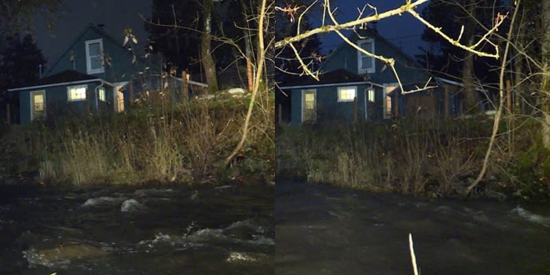 Side by side pictures of the rising waters in Johnson Creek. On the left, the water level from December 1, 2023. On the right, the water level from December 4, 2023 (KOIN)
