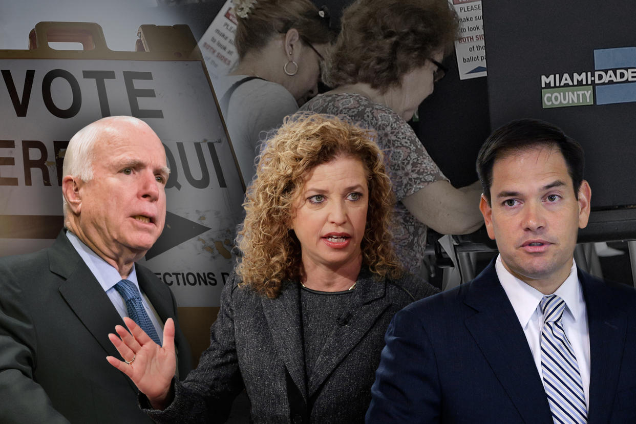 John McCain, Debbie Wasserman Schultz and Marco Rubio. (Yahoo News photo illustration: foreground photos by AP; background photos of Arizona voting sign and Florida voters by Matt York/AP, Alan Diaz/AP)