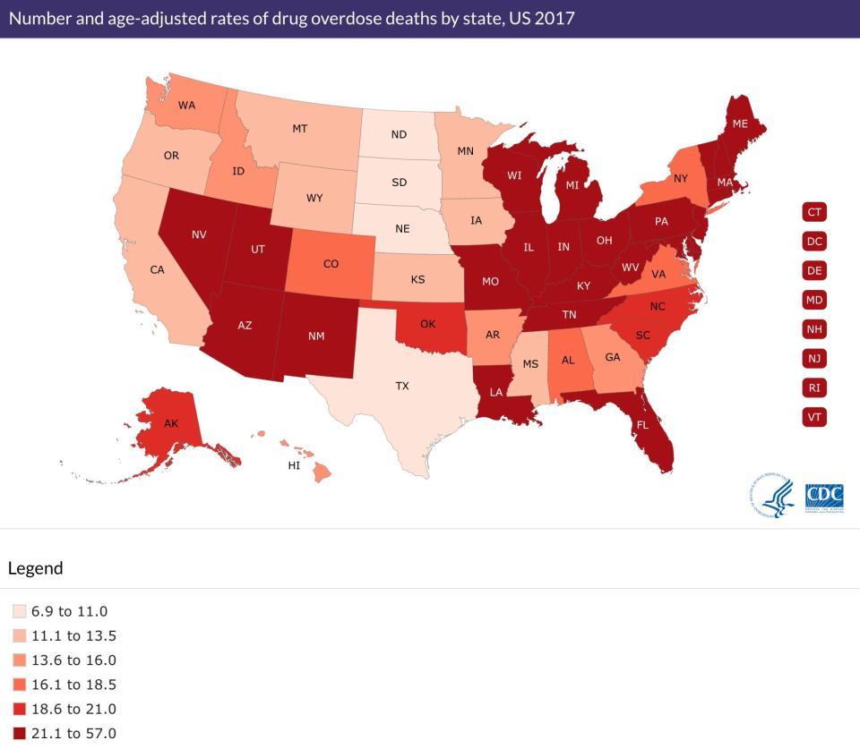 70,237 drug overdose deaths occurred in the U.S. in 2017, according to the CDC. (Photo: CDC)