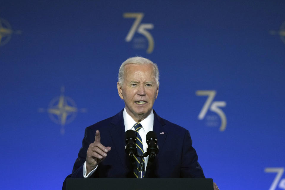 President Joe Biden speaks during an event commemorating the 75th Anniversary of NATO at the Andrew W. Mellon Auditorium on the sidelines of the NATO summit in Washington on Tuesday, July 9, 2024. (AP Photo/Susan Walsh)