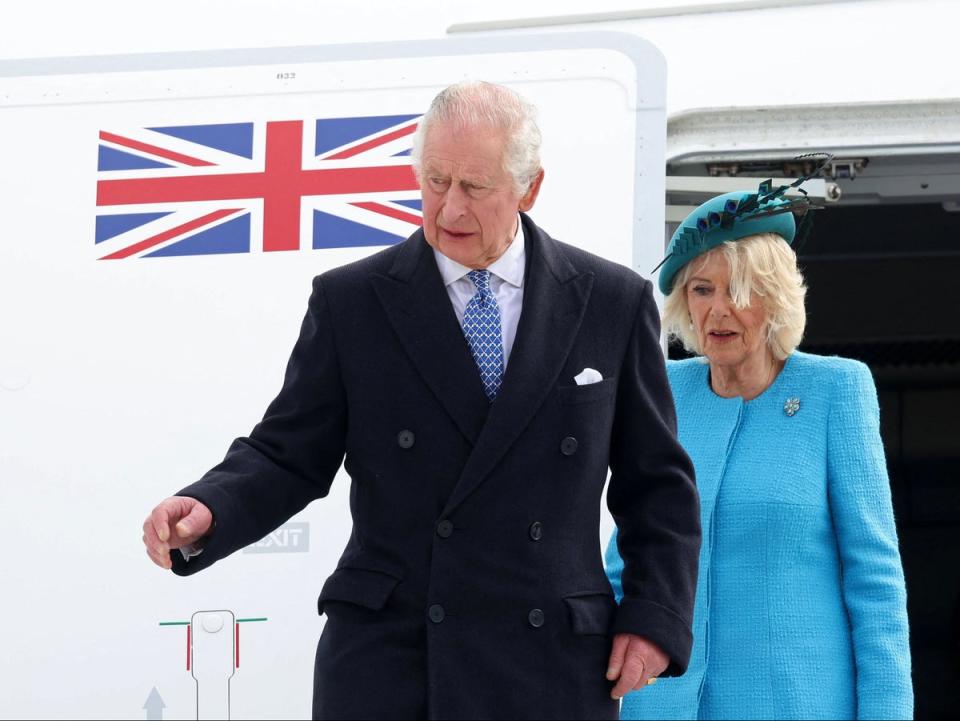 King Charles and Camilla, Queen Consort disembark their plane after landing at Berlin Brandenburg Airport (POOL/AFP via Getty Images)