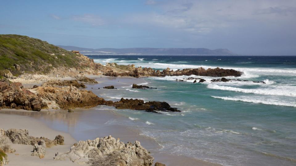 Voelklip (Bird Rock) Beach in the tourist centre of Hermanus, Western Cape, South Africa