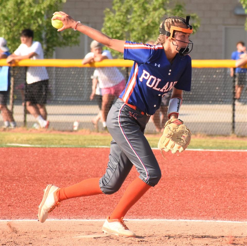 Shelbi Hagues winds up to throw a pitch for Poland during Section III's Tuesday, May 30, 2023, championship game against West Canada Valley at Carrier Park in Syracuse, New York.