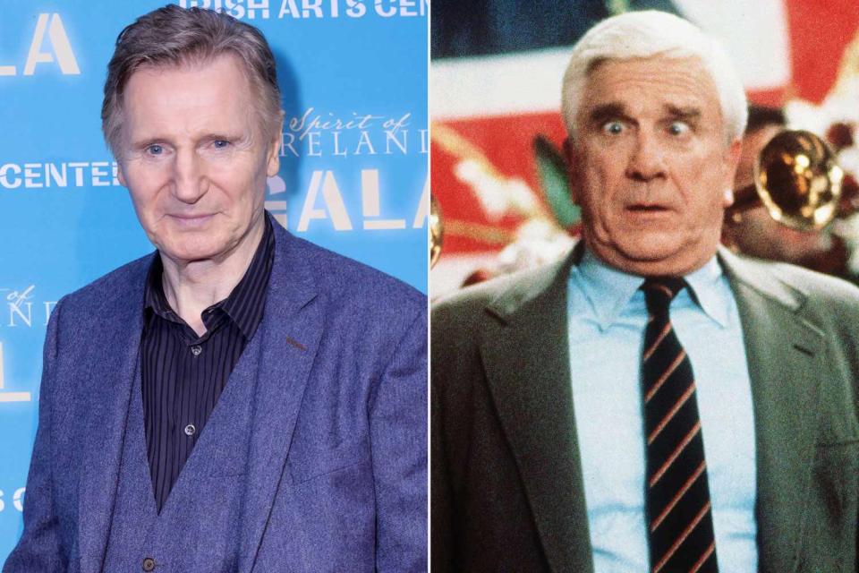 <p>Michael Loccisano/Getty, Elliott Marks/Paramount/Kobal/Shutterstock </p> Liam Neeson and Leslie Nielsen in 1988