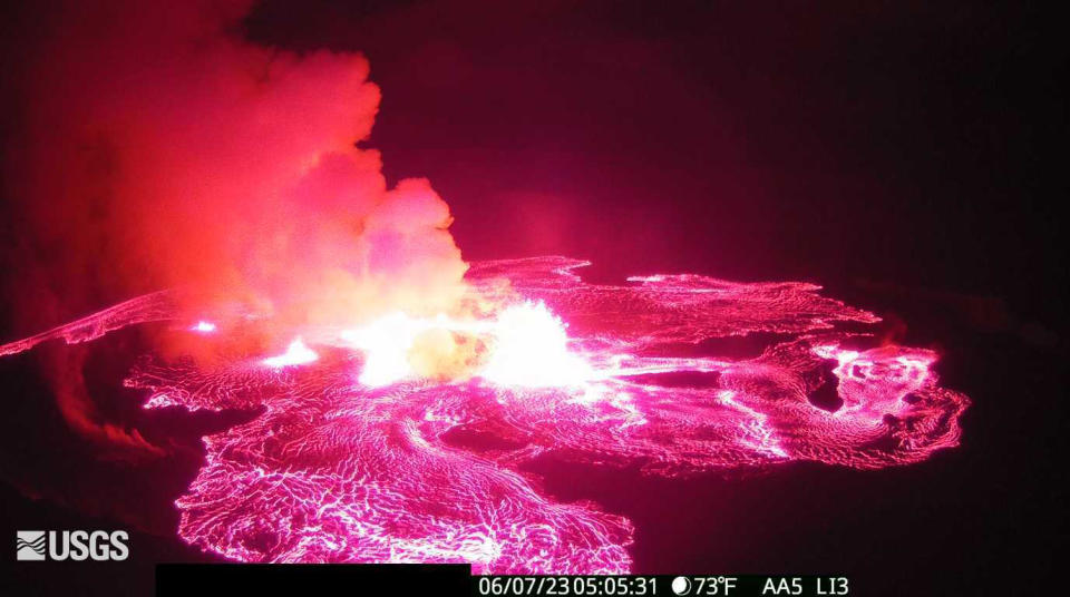 In this webcam image provided by the U.S. Geological Survey, an eruption takes place on the summit of the Kilauea volcano in Hawaii, Wednesday June 7, 2023. Kilauea, the second largest volcano in Hawaii, began erupting Wednesday morning, officials with the U.S. Geological Survey said in a statement. Kilauea, one of the world's most active volcanoes, erupted from Sept. 2021 to Dec 2022. A 2018 Kilauea eruption destroyed more than 700 residences. (U.S. Geological Survey via AP)