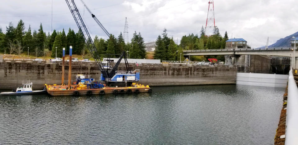 This Sunday, Sept. 8, 2019 photo provided by the U.S. Army Corps of Engineers shows a boat lock on the Bonneville Dam on the Columbia River that connects Oregon and Washington at Cascade Locks., Ore. A critical lock has shut down for repairs, meaning barges that shuttle millions of tons of wheat, wood and other inland goods to the Pacific Ocean for transport to Asia can't move. An official said Monday, Sept. 9, 2019 that a crack in the Bonneville Dam lock's concrete sill was discovered late last week. It's not clear when repairs will be complete. (Megan Innes/U.S. Army Corps of Engineers via AP)