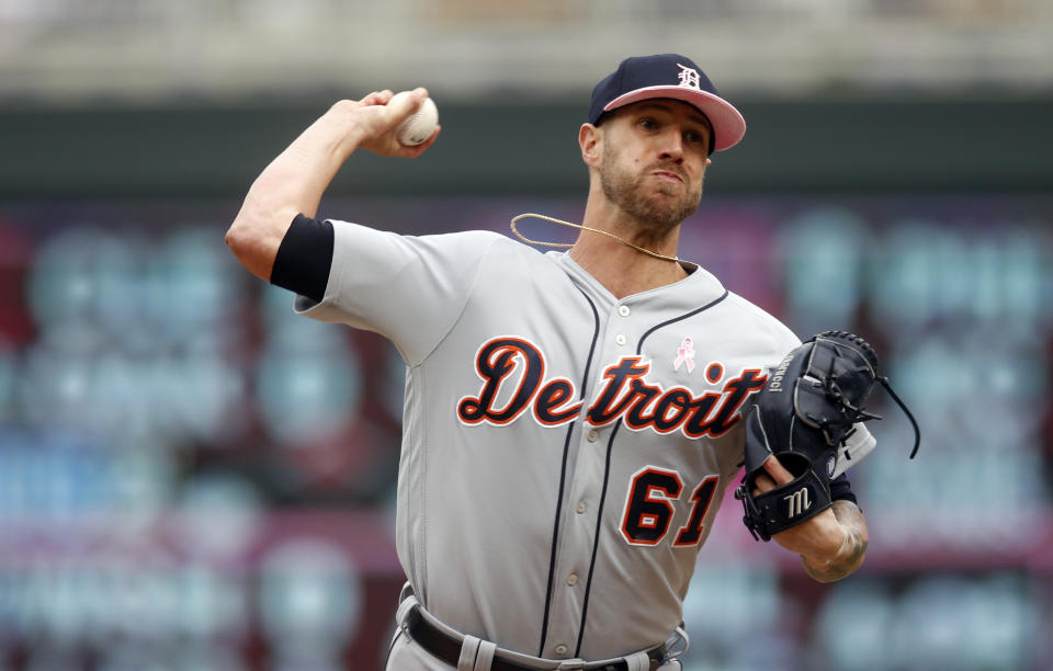 Detroit Tigers pitcher Shane Greene throws against the Minnesota Twins in a baseball game Sunday, May 12, 2019, in Minneapolis. (AP Photo/Jim Mone)
