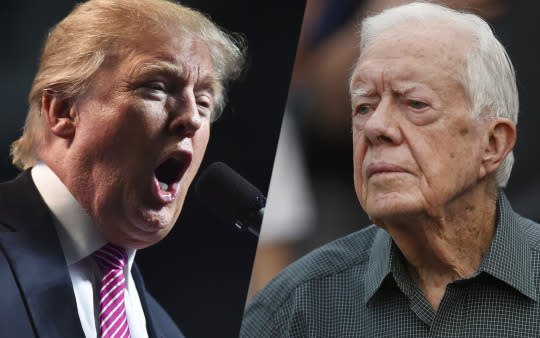 Republican presidential candidate Donald Trump; former President Jimmy Carter. (Photos: Ricky Carioti/The Washington Post via Getty Images; John Bazemor/AP)