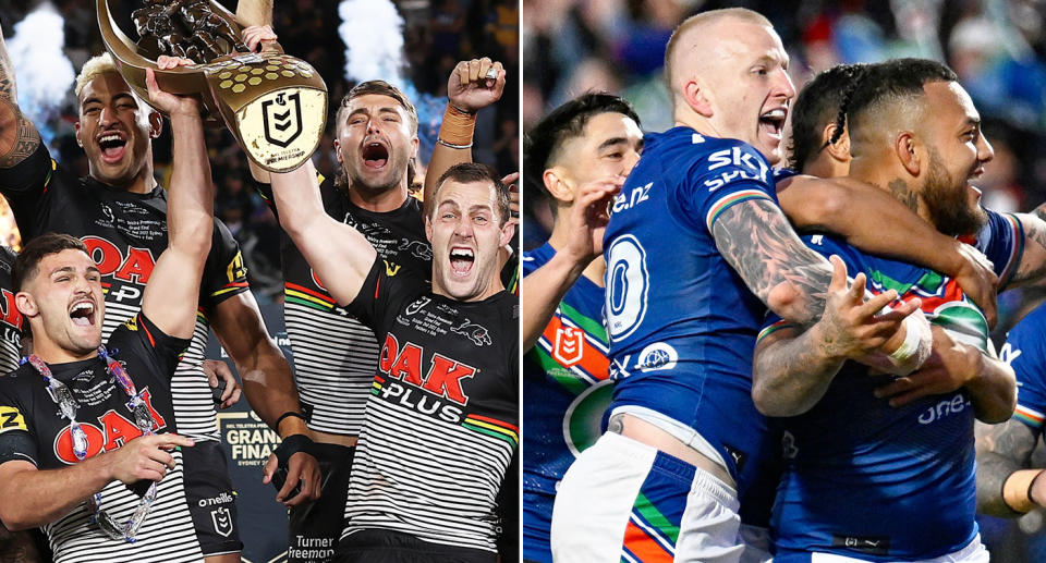 Pictured left is Penrith with the NRL grand final trophy in 2022 and Warriors players on the right.