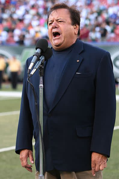 EAST RUTHERFORD, NEW JERSEY--August 23:  Actor Paul Sorvino performs the National Anthem when he attends the New York Jets vs New York Giants game at the Meadowlands (a.k.a.Giants Stadium) on August 23, 2008 in East Rutherford, New Jersey.  (Photo by Al Pereira/Michael Ochs Archives/Getty Images).