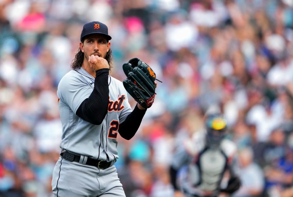 Detroit Tigers starting pitcher Michael Lorenzen celebrates a double play against the Seattle Mariners to end the first inning at T-Mobile Park in Seattle on Saturday, July 15, 2023.