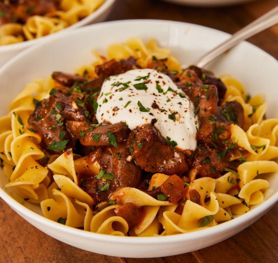<p>Delicious slices of sirloin steak served atop noodles and then drenched in a rich gravy—what more could you ask for? Make sure to top each serving with a touch of sour cream and a sprinkle of chopped parsley for a restaurant-worthy presentation. </p><p><strong>Get the recipe for Beef Stroganoff from <a href="https://www.delish.com/cooking/recipe-ideas/a23572583/beef-stroganoff-recipe/" rel="nofollow noopener" target="_blank" data-ylk="slk:Delish;elm:context_link;itc:0" class="link ">Delish</a>. </strong></p>