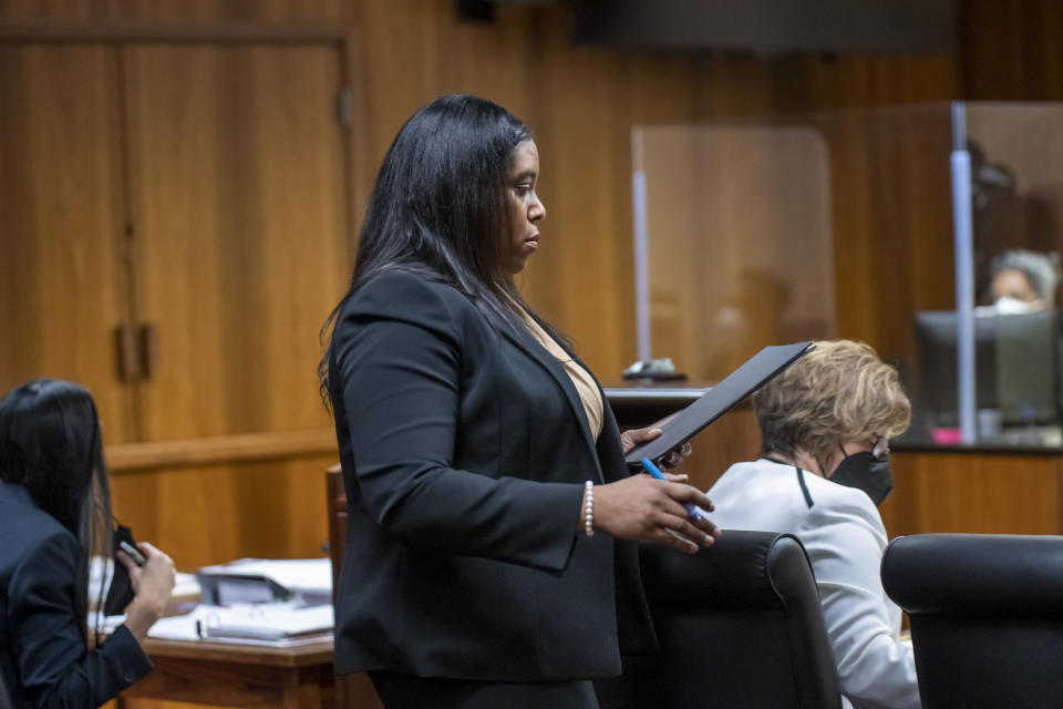 Oakland County prosecuting attorney Markeisha Washington questions a witness during a placement hearing for Ethan Crumbley at Oakland County circuit court in Pontiac, Mich., on Tuesday, Feb. 22, 2022. Crumbley, 15, is charged with the fatal shooting of four fellow students and the wounding of seven others, including a teacher at Oxford High School on Nov. 30. (David Guralnick/Detroit News via AP, Pool)