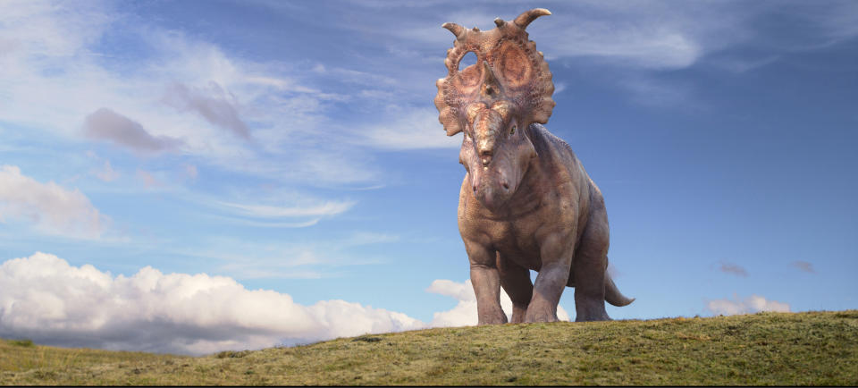 In this image released by 20th Century Fox, a mature Pachyrhinosaurus named Patchi is shown in a scene from the film, "Walking With Dinosaurs." (AP Photo/20th Century Fox)