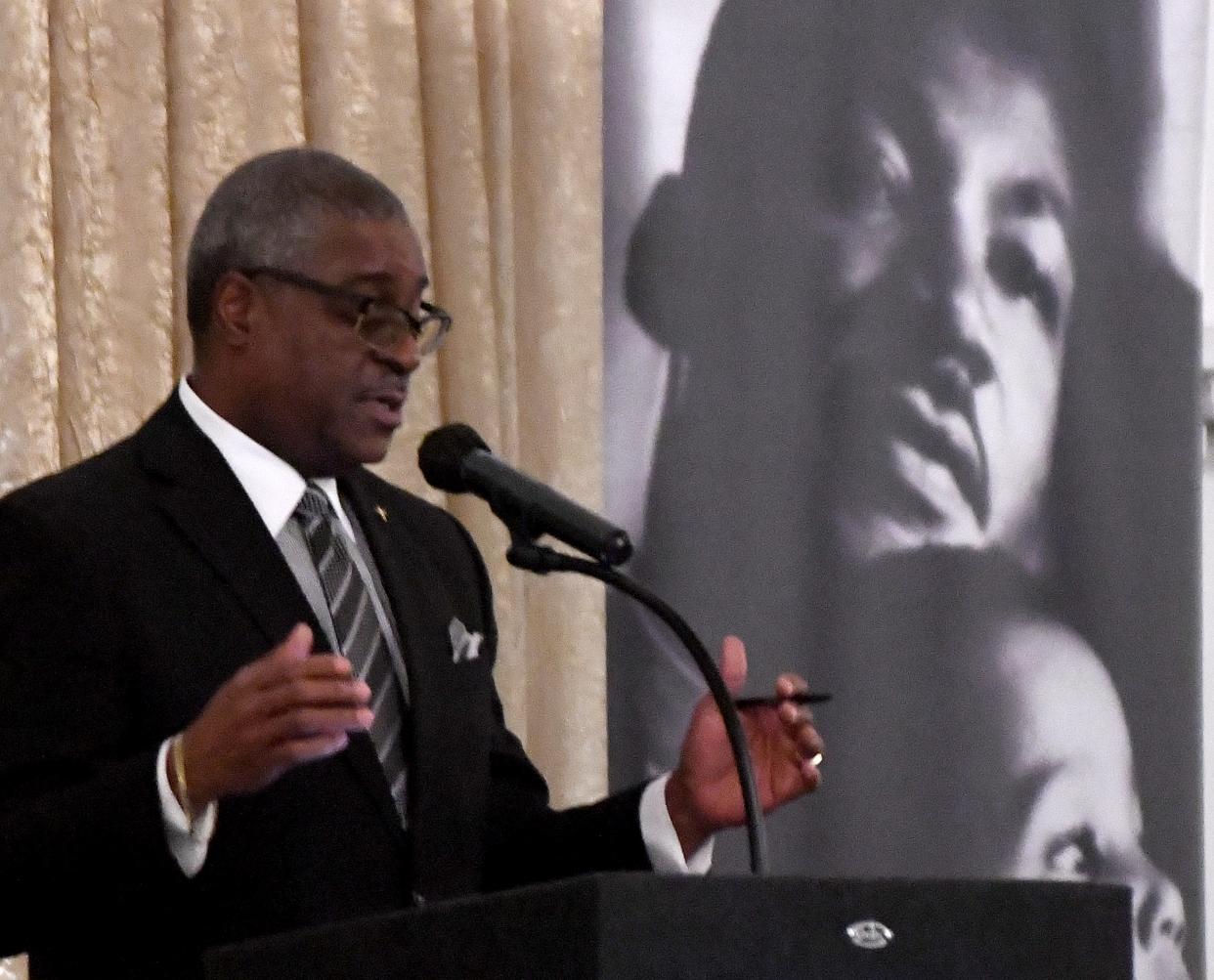 The Rev. Walter J. Arrington speaks to the crowd gathered for Thursday's 31st annual MLK Jr. Mayors' Breakfast at the DoubleTree by Hilton in downtown Canton.
