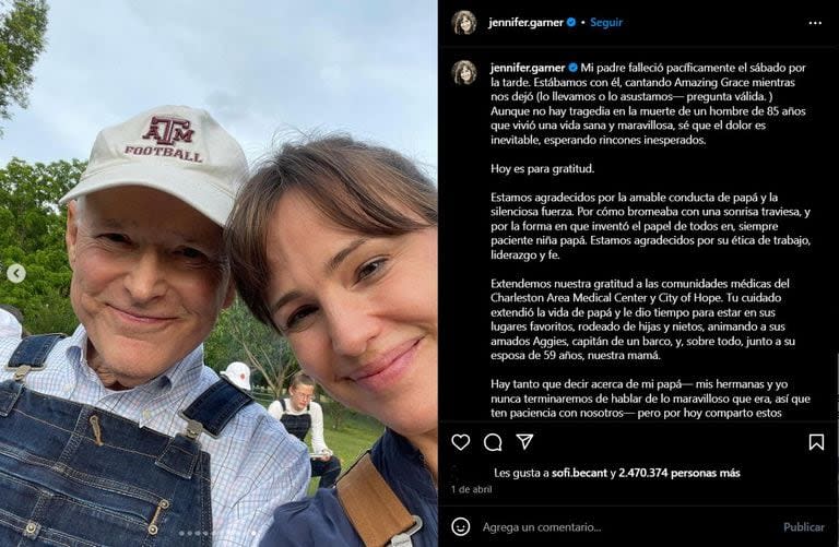 La publicación de Jennifer Garner sobre el fallecimiento de su padre