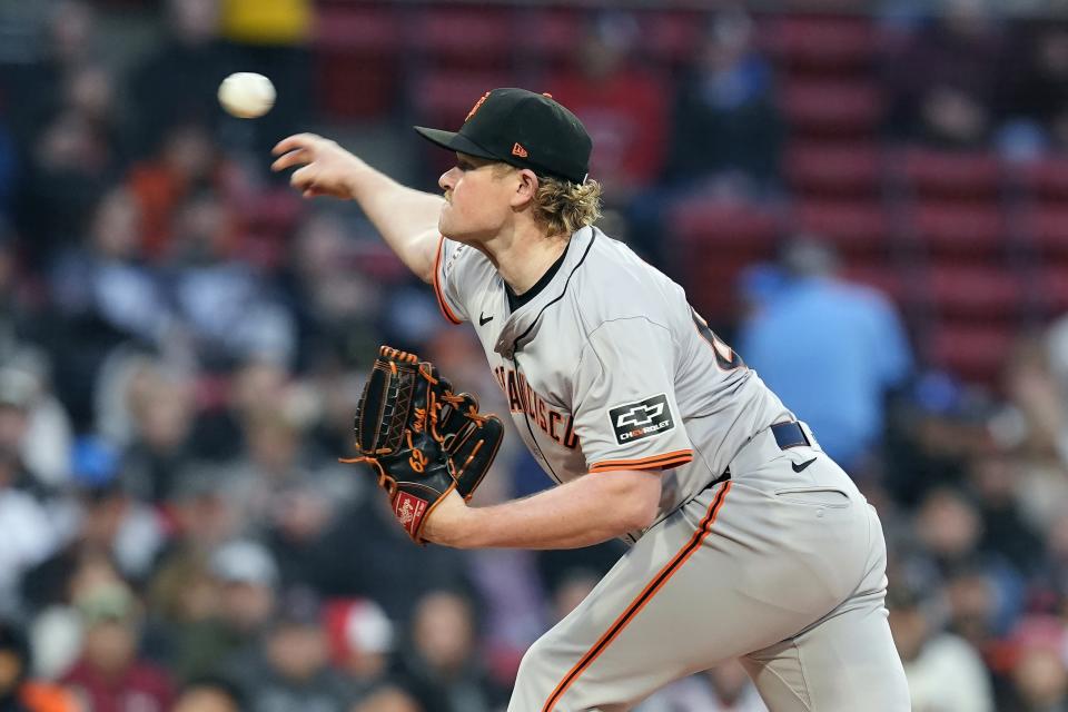 San Francisco Giants starting pitcher Logan Webb throws during the first inning of a baseball game against the Boston Red Sox, Tuesday, April 30, 2024, in Boston. (AP Photo/Michael Dwyer)