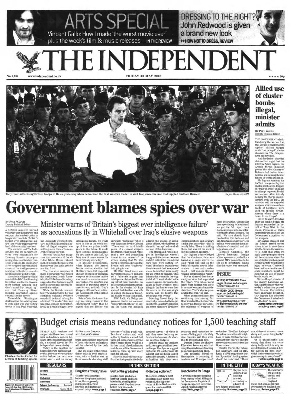 The Independent front page on 30 May 2003 (The Independent)