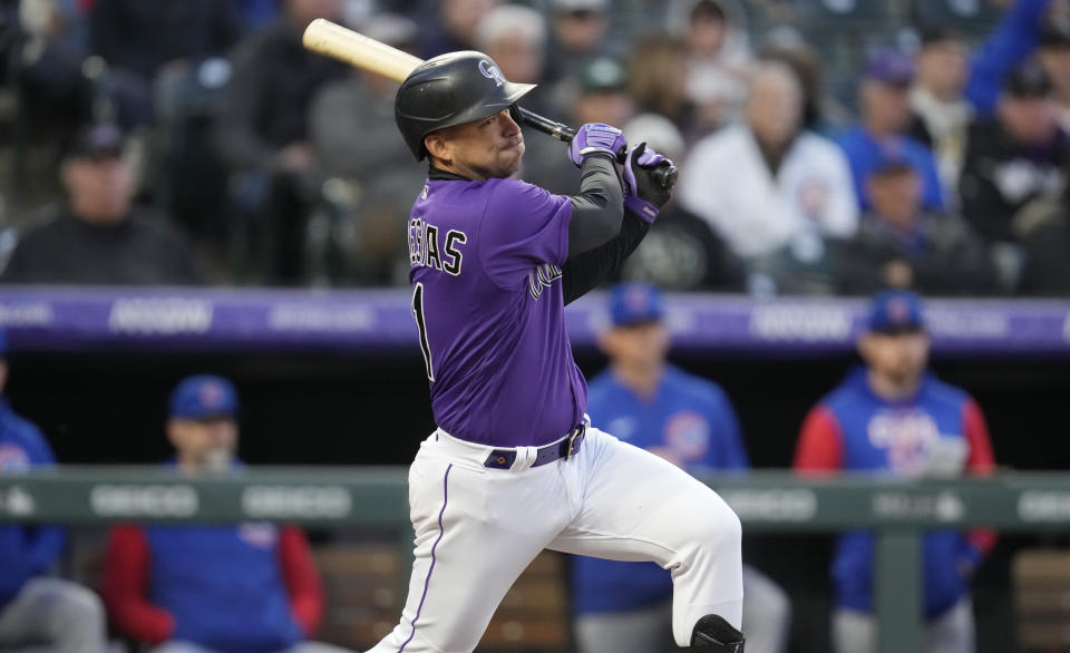 Colorado Rockies' Jose Iglesias lines out against Chicago Cubs starting pitcher Justin Steele to end the second inning of a baseball game Thursday, April 14, 2022, in Denver. (AP Photo/David Zalubowski)