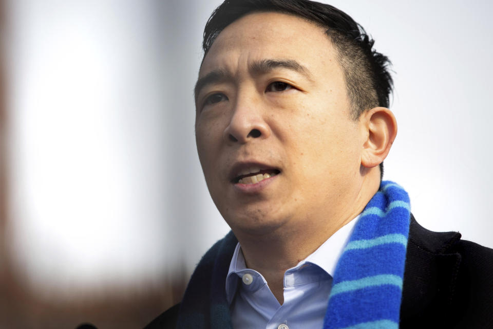 Andrew Yang announces his run for New York Mayor during a news conference in Morningside Park on Thursday, Jan. 14, 2021, in New York. (AP Photo/Kevin Hagen).