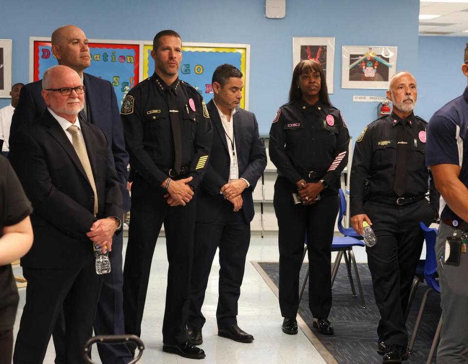 Police officers for Miami-Dade Public Schools attend a press conference Thursday, Oct. 6, 2022, at Madie Ives K-8 Center in Miami to promote the district’s Nov. 8 ballot referendum. The district is asking voters to boost their property taxes to fund teacher raises and school resource officers.