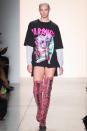 <p>Kloss went pantless at Jeremy Scott in a T-shirt and thigh-high boots.</p>