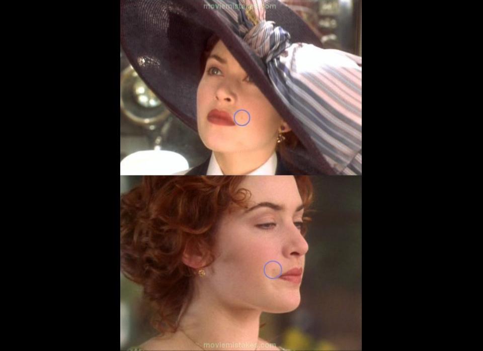 When Rose sets her sights on the ship for the first time, the mole on her face is on the left side. Later in the film, it has moved to the right.