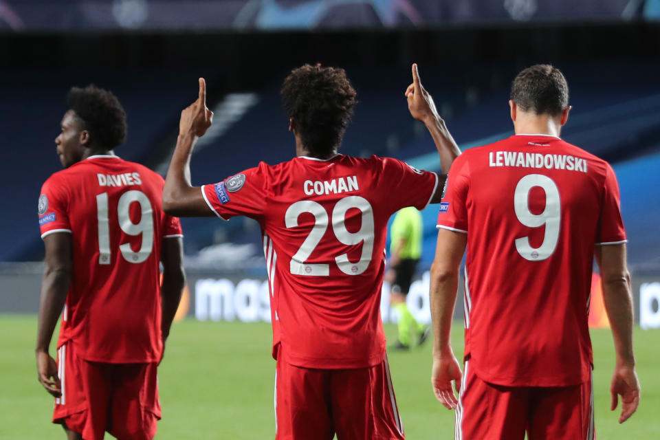 Bayern Munich's Kingsley Coman (29), Robert Lewandowski and Alphonso Davies are part of the most fruitfully efficient operation in European soccer. (Photo by MIGUEL A. LOPES/POOL/AFP via Getty Images)