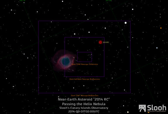 The online Slooh Community Observatory will track the near-Earth asteroid 2014 RC on Saturday, Sept. 6, one day ahead of the asteroid's closest approach to Earth on Sept. 7, 2014. The Helix nebula will also be in the field of view during the we