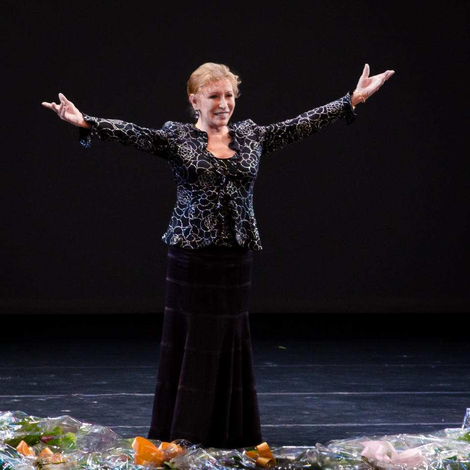 In this April 28, 2012 image released by Jonathan Marder + Company, legendary Russian ballerina Natalia Makarova appears at a tribute to her career at Lincoln Center’s David H. Koch Theater in New York. Dancers from around the world performed at the tribute, which was put on by the Youth America Grand Prix ballet competition. (AP Photo/Jonathan Marder + Company, Liza Voll)