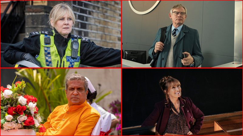 Clockwise from top left: Sarah Lancashire in Happy Valley (Photo: Ben Blackall/BBC), Martin Clunes in Manhunt (Photo: Neil Genower/AcornTV), Jane Seymour in Harry Wild (Photo: Szymon Lazewski/Zoe Productions DAC/AcornTV), Darshan Jariwalla in The Good Karma Hospital (Photo: Chris Burgess/AcornTV) 