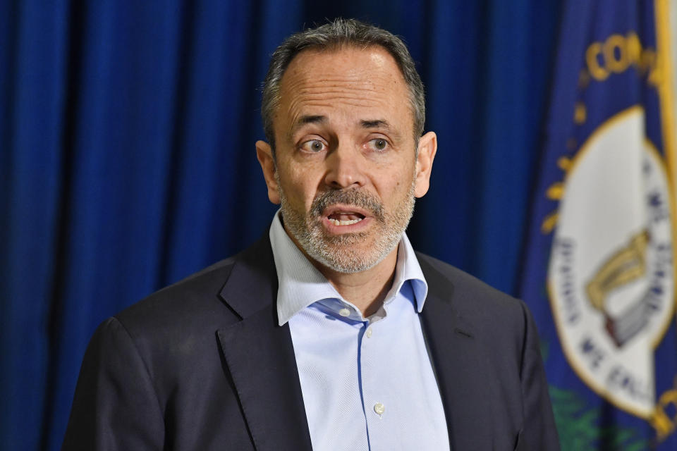 Former Kentucky Governor Matt Bevin speaks to the media gathered in the Kentucky Capitol Rotunda in Frankfort, Ky., Friday, Jan. 6, 2023. Bevin had hinted that he would declare his candidacy for the office of Governor in the Republican primary, but after his speech he left the Capitol without filing. (AP Photo/Timothy D. Easley)