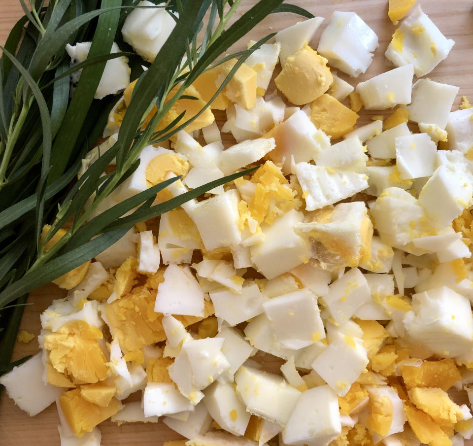 Chopped baked eggs ready for dressing, as long as you don’t look too closely! (Heather Martin)