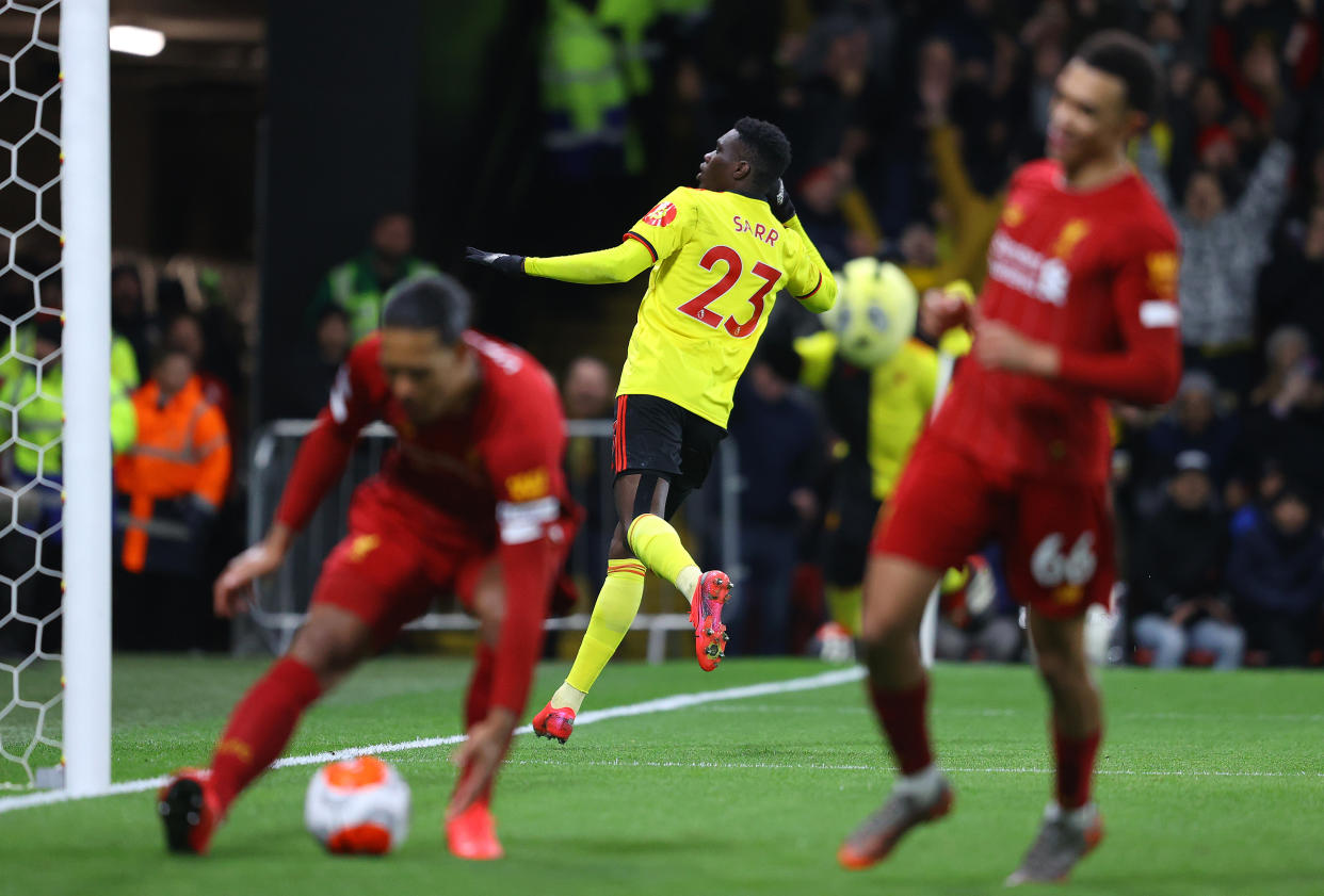 Ismaïla Sarr celebrates after scoring the second goal of Watford's shock win over Liverpool. (Photo by Richard Heathcote/Getty Images)